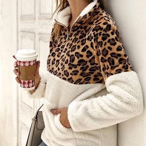 New Soft Fuzzy Leopard Pullover Women’s Pockets L